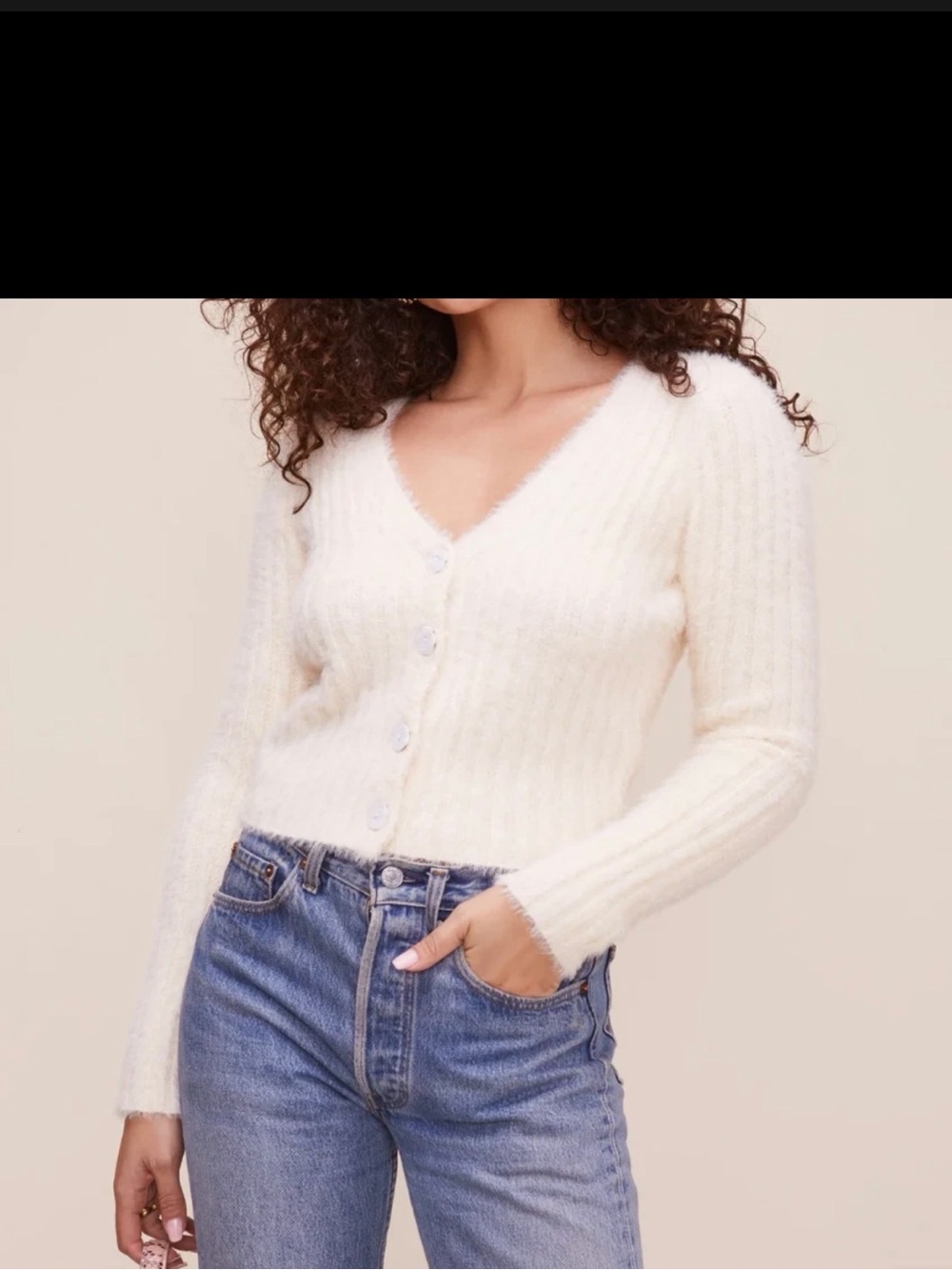 Astr The Label Cropped Fuzzy Knit Cardigan Sweater Ivory Size M